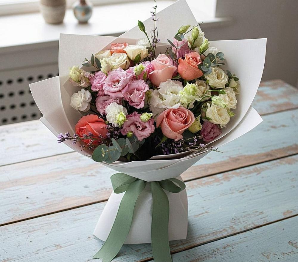 Букет цветов из: Розы, Лизиантусы и Гвоздики в Норильске