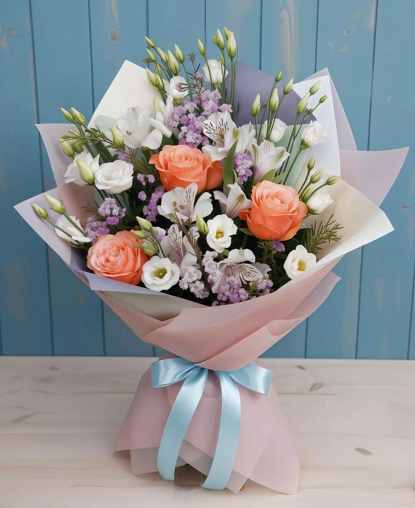 Букет цветов из: Лизиантусы, Розы, Альстромерии и Гипсофила в Норильске
