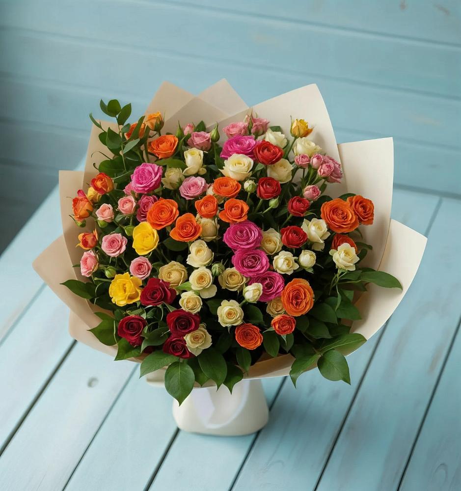 Букет Микс из разноцветных кустовых роз в Норильске